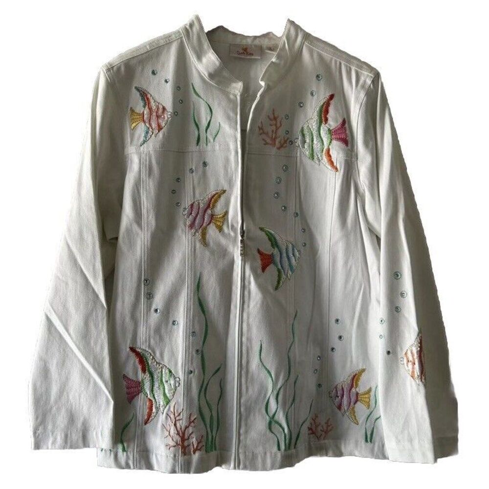 Quacker Factory‎ White Jacket Medium Fish Embroidered Rhinestone
